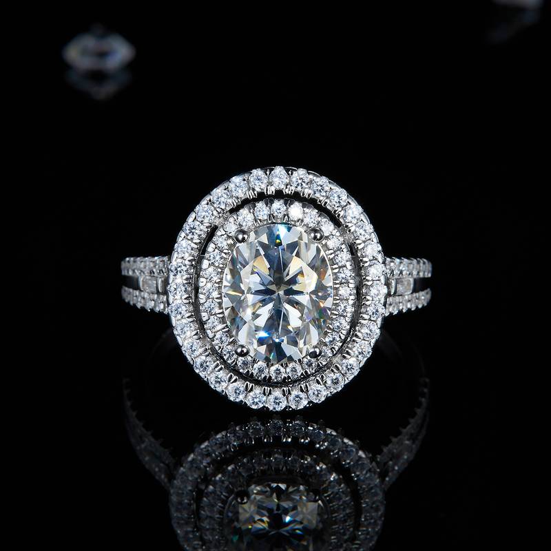 Luxury double-layer egg shaped round bag women's ring S925 silver plated platinum customized selection main stone moissanite diamond 2.0ct/secondary stone high carbon diamond