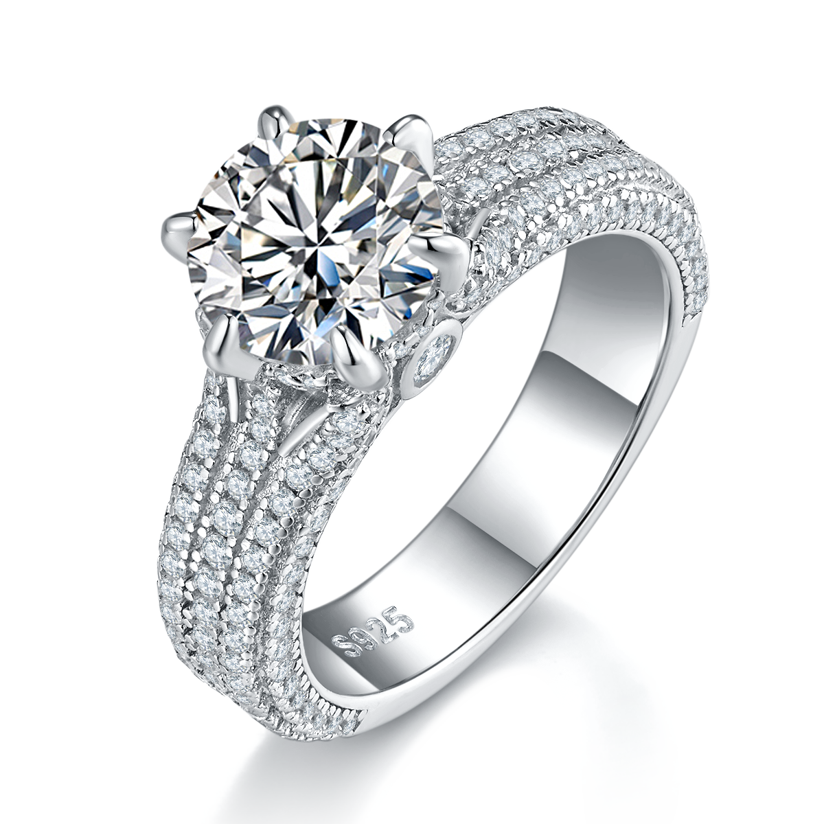 S925 Silver Plated Platinum Women's Ring Customized Selection Main Stone Moissanite Diamond 2.0ct/Secondary Stone High Carbon Diamond