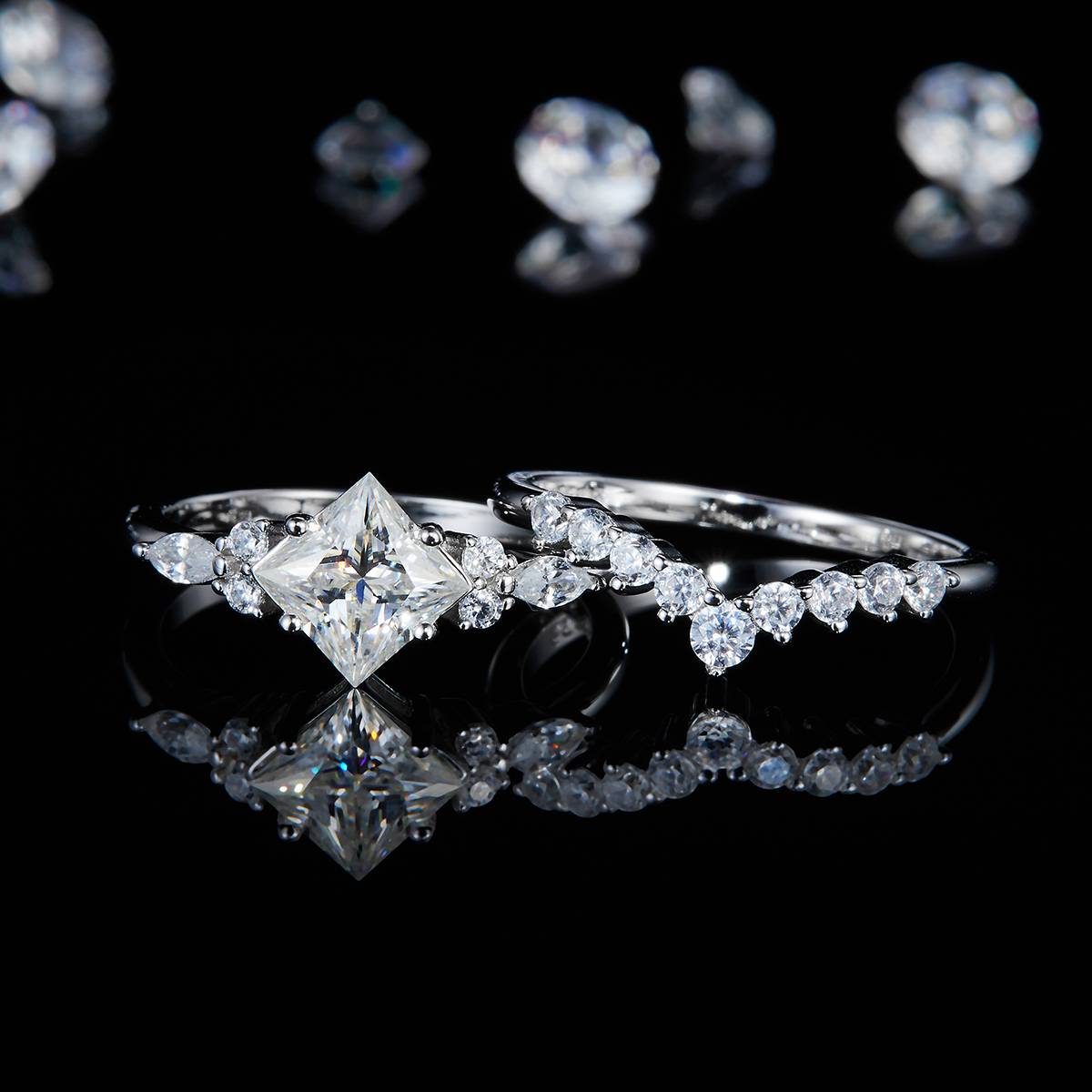 公主方女戒S925银镀白金主副套戒叠戴定制选款主石莫桑钻1.2ct/副石高碳钻