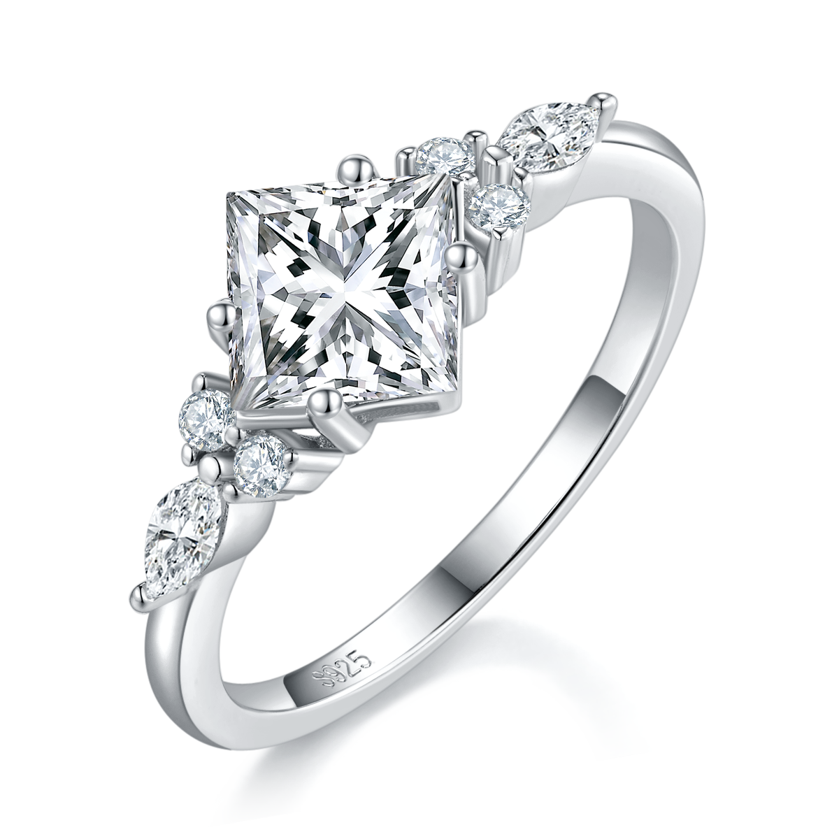 公主方女戒S925银镀白金主副套戒叠戴定制选款主石莫桑钻1.2ct/副石高碳钻
