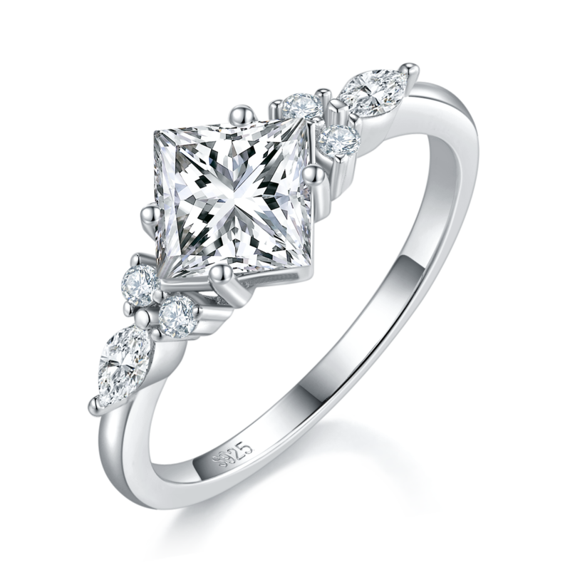 Princess Fang Women's Ring S925 Silver Plated Platinum Primary and Secondary Set Ring Stacking Custom Selection Main Stone Moissanite Diamond 1.2ct/Secondary Stone High Carbon Diamond