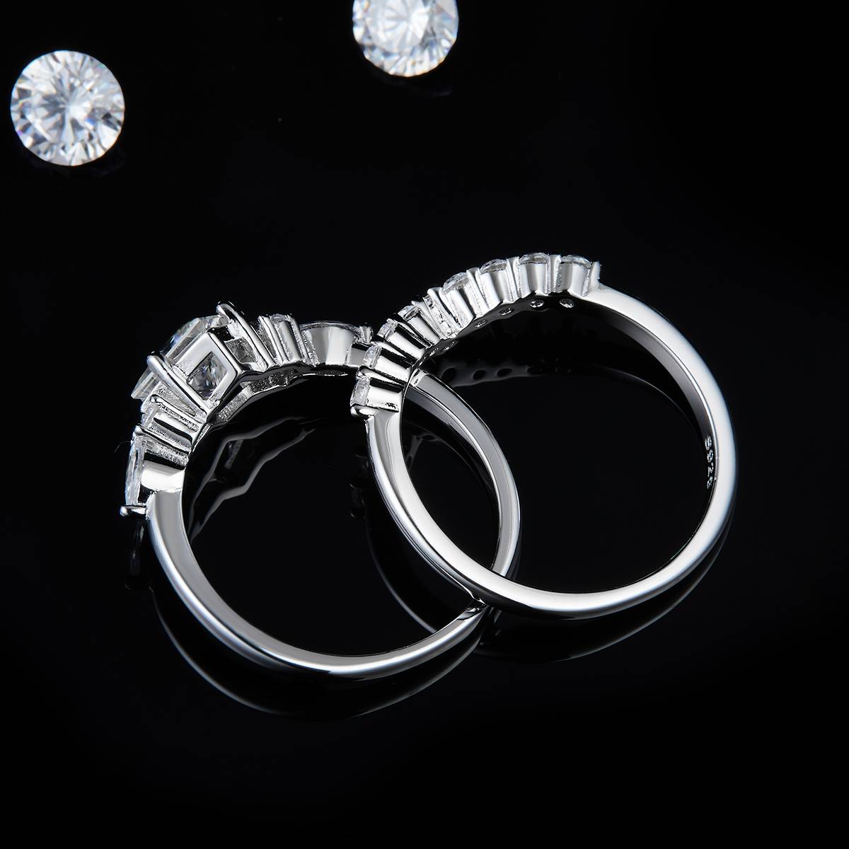 公主方女戒S925银镀白金主副套戒叠戴定制选款主石莫桑钻1.2ct/副石高碳钻