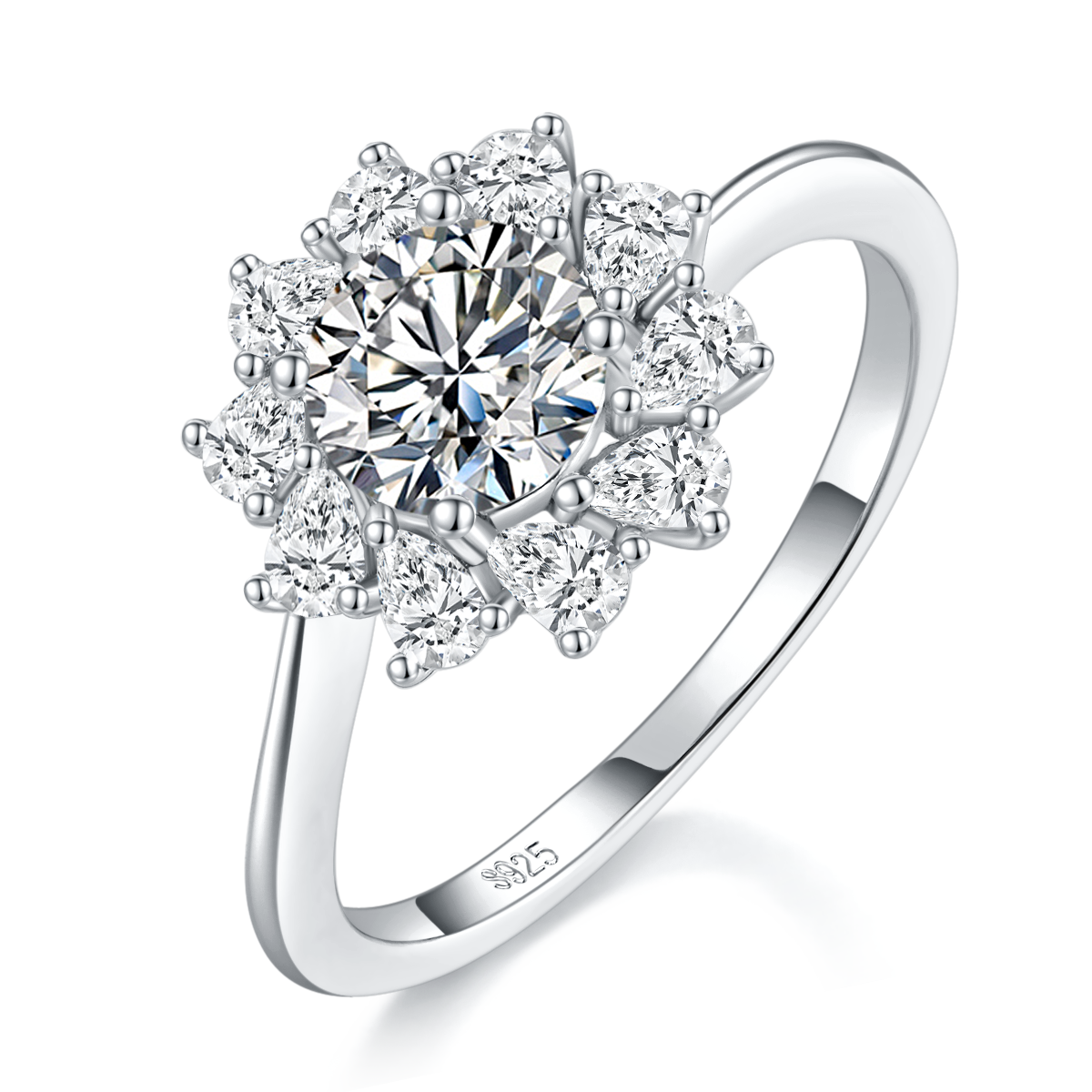 扭臂太阳花女戒S925银镀白金定制选款主石莫桑钻0.8ct/副石高碳钻