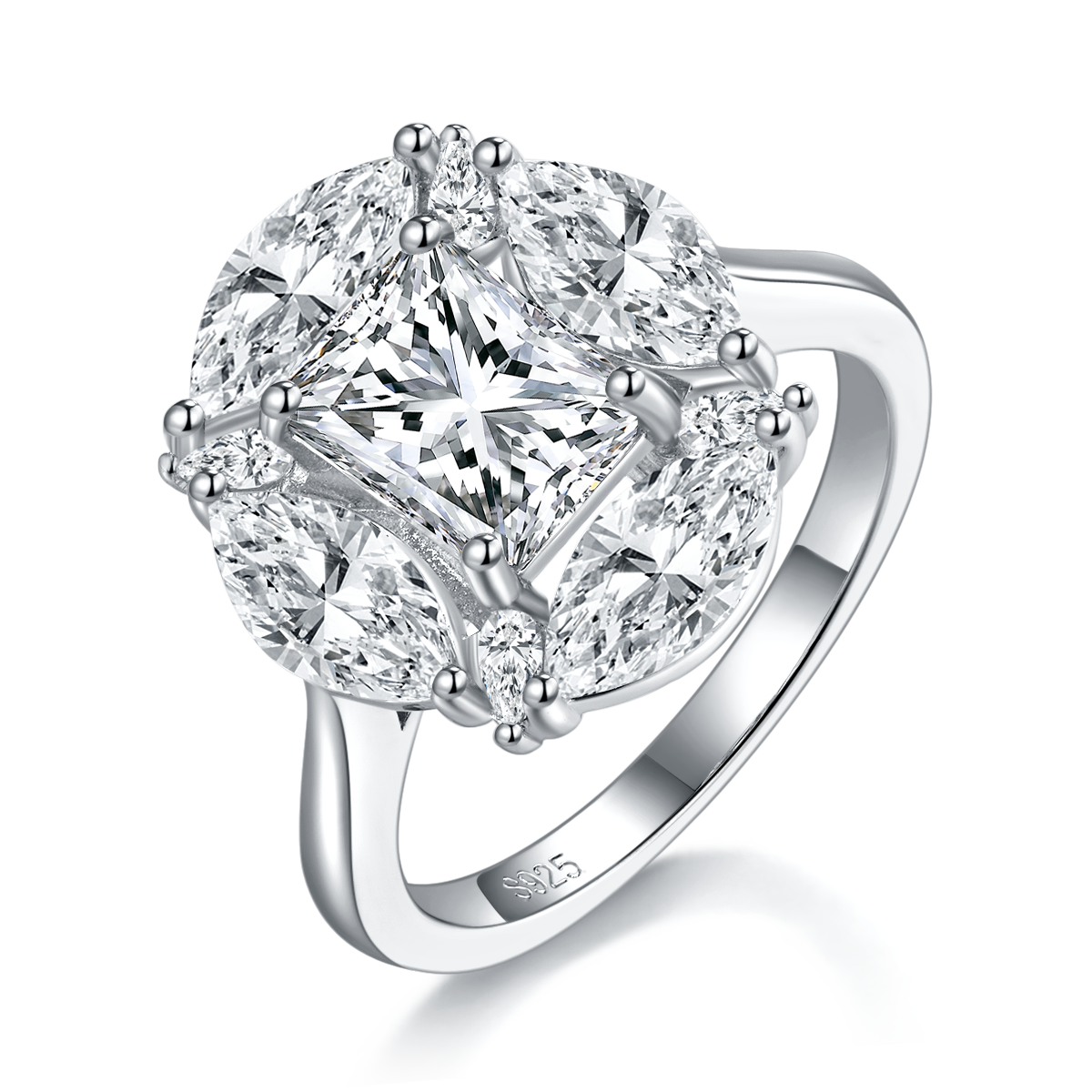 奢华方形女戒S925银镀白金定制选款主石莫桑钻2.0ct/副石高碳钻