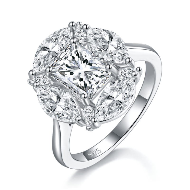 Luxury Square Women's Ring S925 Silver Plated Platinum Customized Selection Main Stone Moissanite Diamond 2.0ct/Secondary Stone High Carbon Diamond