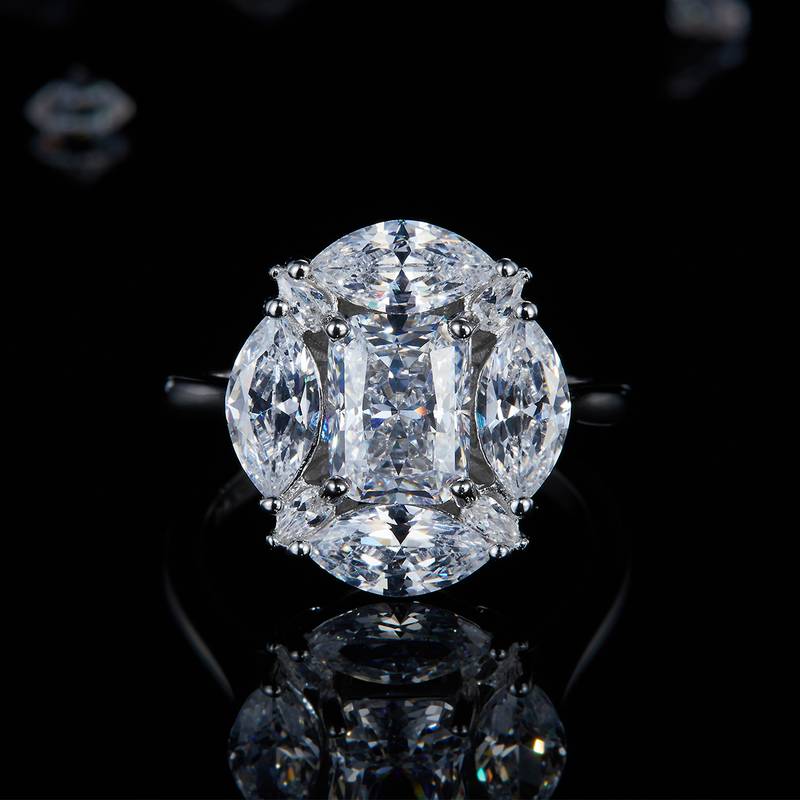 Luxury Square Women's Ring S925 Silver Plated Platinum Customized Selection Main Stone Moissanite Diamond 2.0ct/Secondary Stone High Carbon Diamond