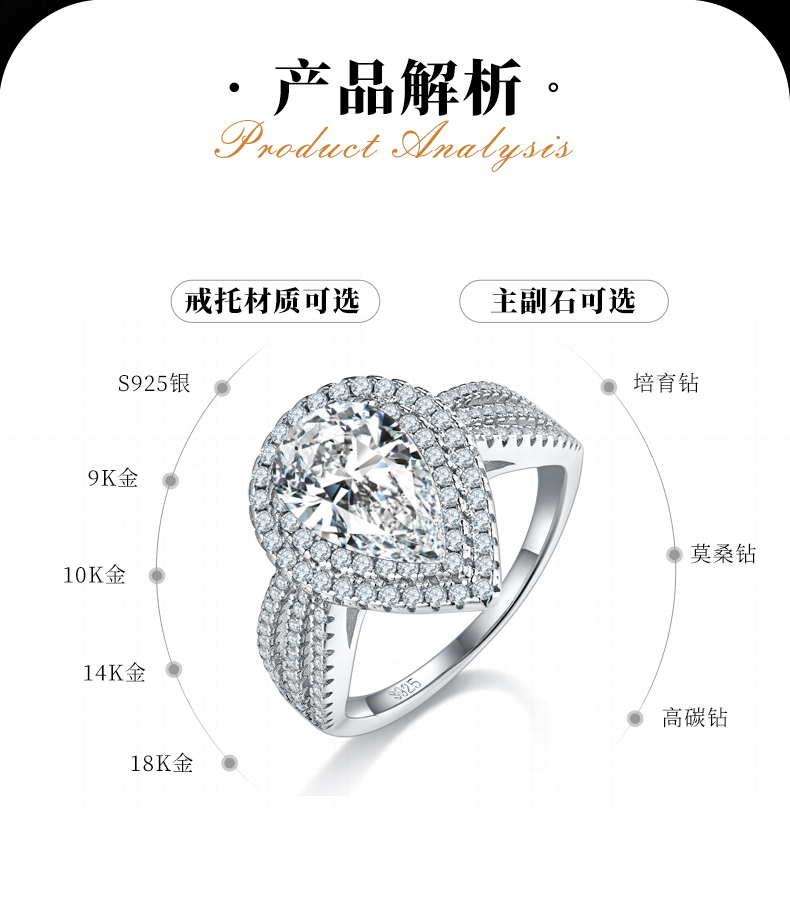 水滴双层围镶女戒S925银镀白金定制选款主石莫桑钻2.0ct/副石高碳钻 - 2