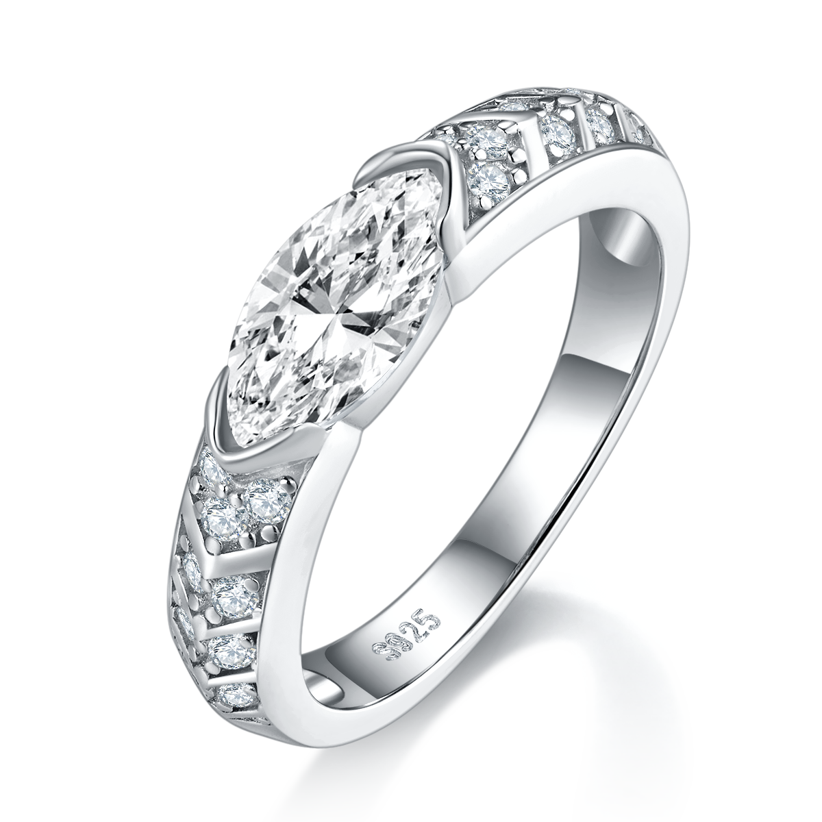 轻奢马眼女戒S925银镀白金定制选款主石莫桑钻1.0ct/副石高碳钻
