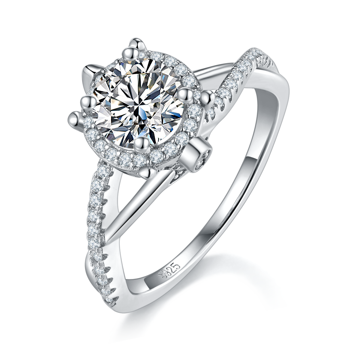 Twisted arm S925 silver plated platinum women's ring custom selection main stone moissanite 1.0ct/secondary stone high carbon diamond