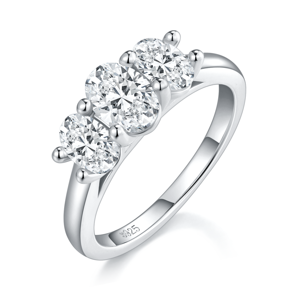 Three Stone Egg shaped Women's Ring S925 Silver Plated Platinum Customized Selection Main and Deputy Stone Moissanite Diamonds 1.0ct