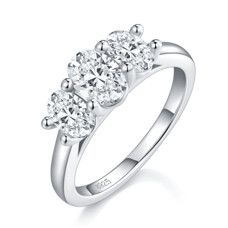 Three Stone Egg shaped Women's Ring S925 Silver Plated Platinum Customized Selection Main and Deputy Stone Moissanite Diamonds 1.0ct