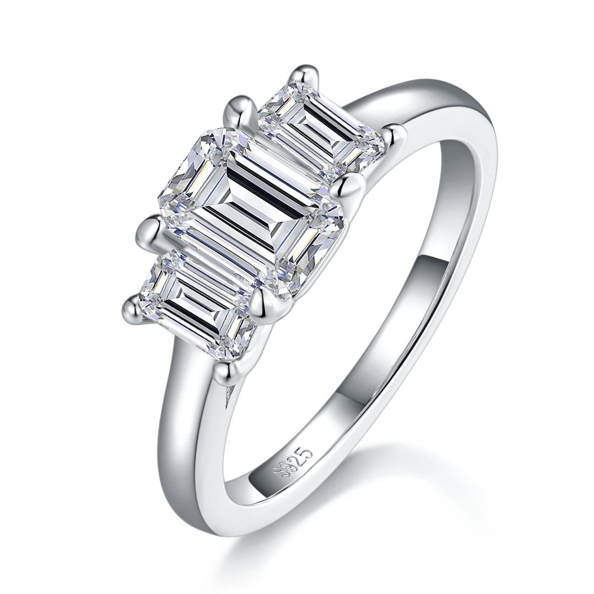 Three Stone Emerald Cut Women's Ring S925 Silver Plated Platinum Customized Selection Main and Deputy Stone Moissanite Diamond 1.0ct