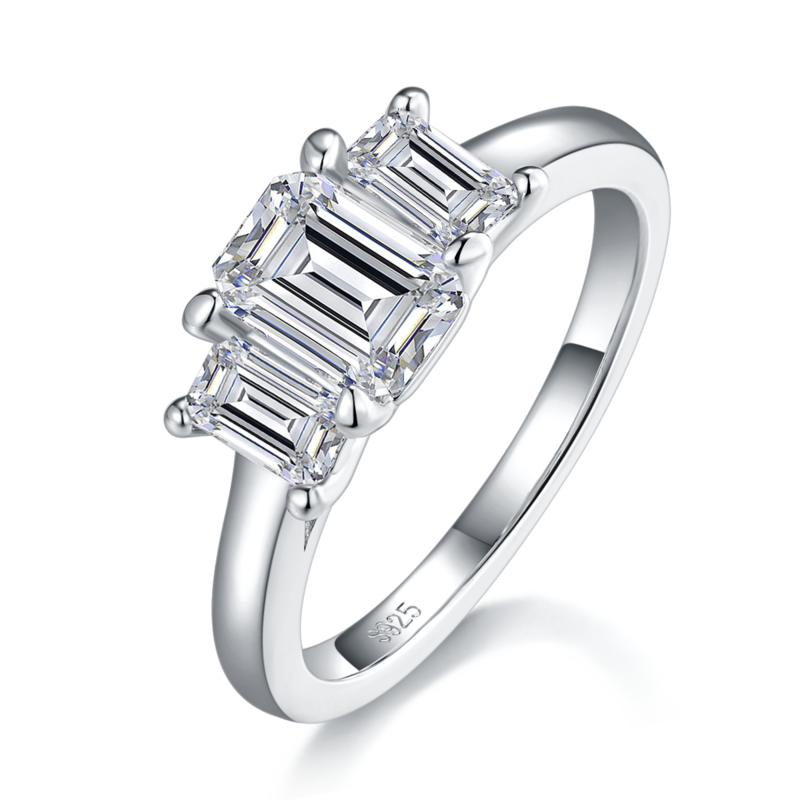 Three Stone Emerald Cut Women's Ring S925 Silver Plated Platinum Customized Selection Main and Deputy Stone Moissanite Diamond 1.0ct