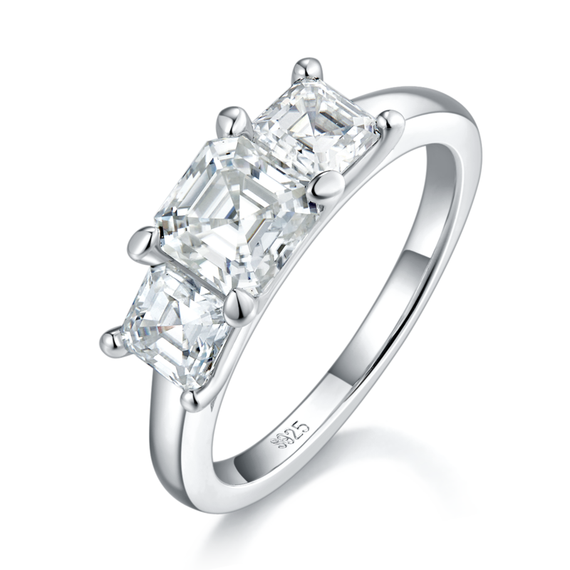 Three Stone Asche Women's Ring S925 Silver Plated Platinum Customized Selection Main and Deputy Stone Moissanite Diamonds 1.0ct