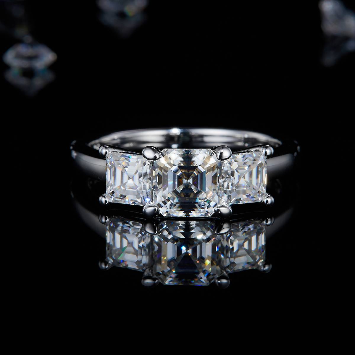 Three Stone Asche Women's Ring S925 Silver Plated Platinum Customized Selection Main and Deputy Stone Moissanite Diamonds 1.0ct