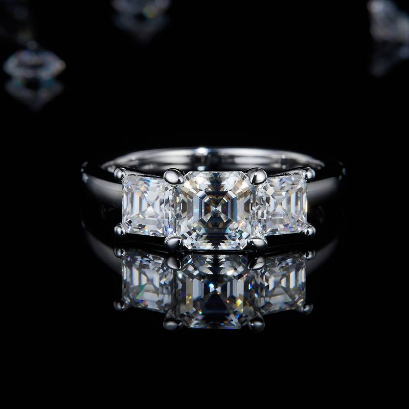 Three Stone Asche Women's Ring S925 Silver Plated Platinum Customized Selection Main and Deputy Stone Moissanite Diamonds 1.0ct