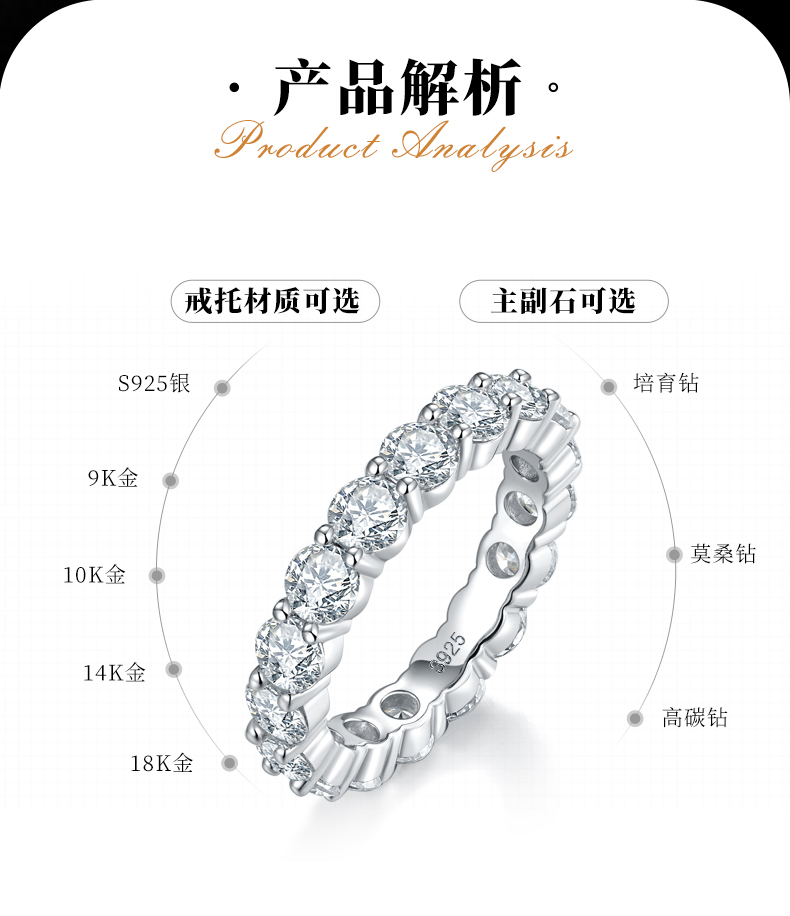 4.0mm排戒S925银镀白金女戒定制选款副石莫桑钻5.1ct - 2