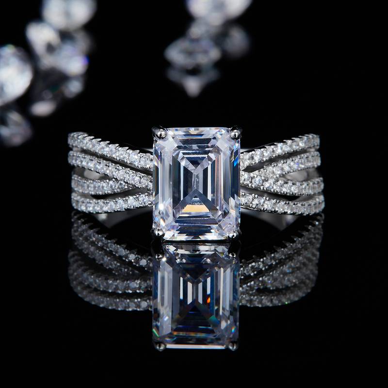 Emerald Cut Women's Ring S925 Silver Plated Platinum Customized Selection Main Stone Moissanite Diamond 3.0ct/Secondary Stone High Carbon Diamond