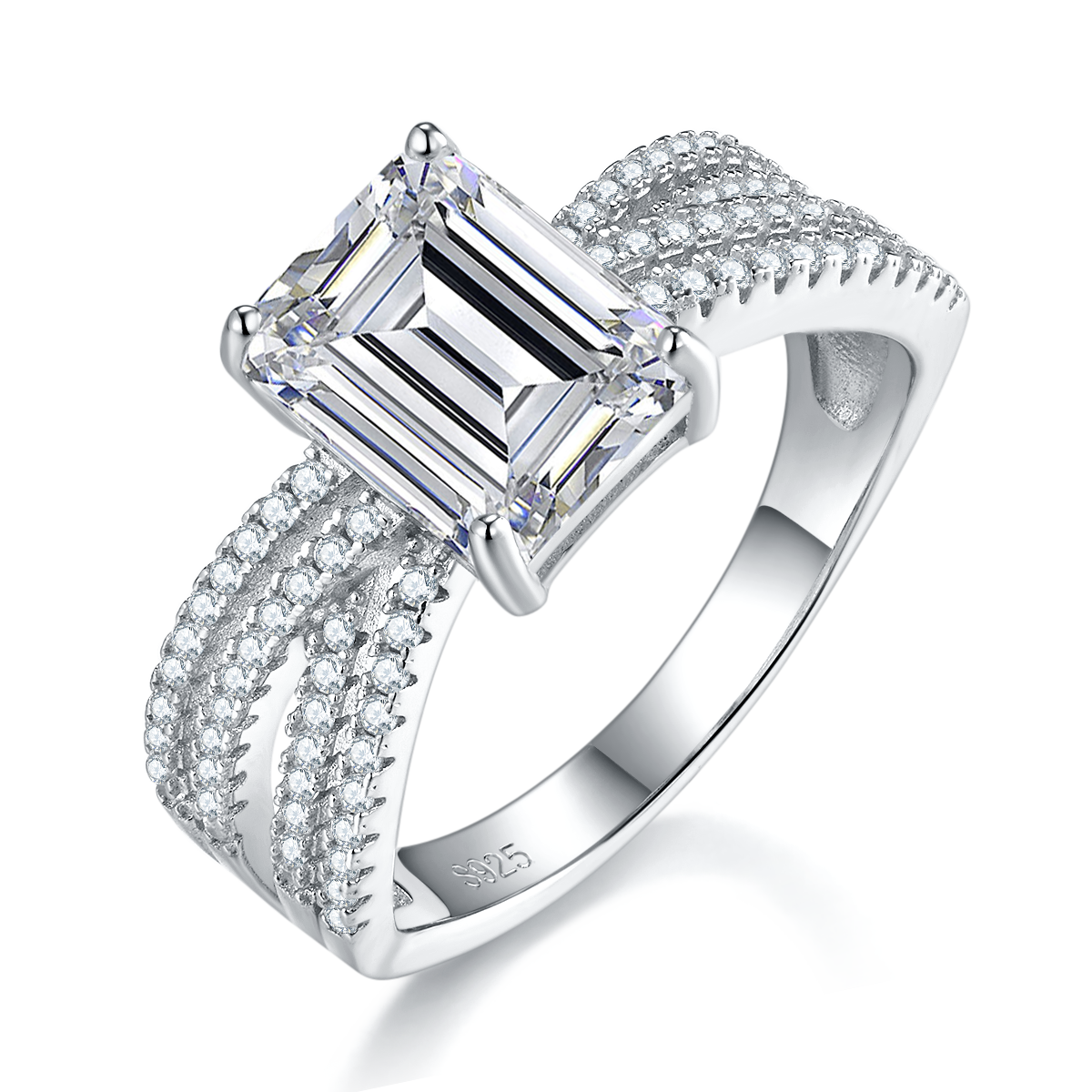 Emerald Cut Women's Ring S925 Silver Plated Platinum Customized Selection Main Stone Moissanite Diamond 3.0ct/Secondary Stone High Carbon Diamond