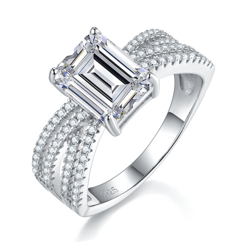 Emerald Cut Women's Ring S925 Silver Plated Platinum Customized Selection Main Stone Moissanite Diamond 3.0ct/Secondary Stone High Carbon Diamond