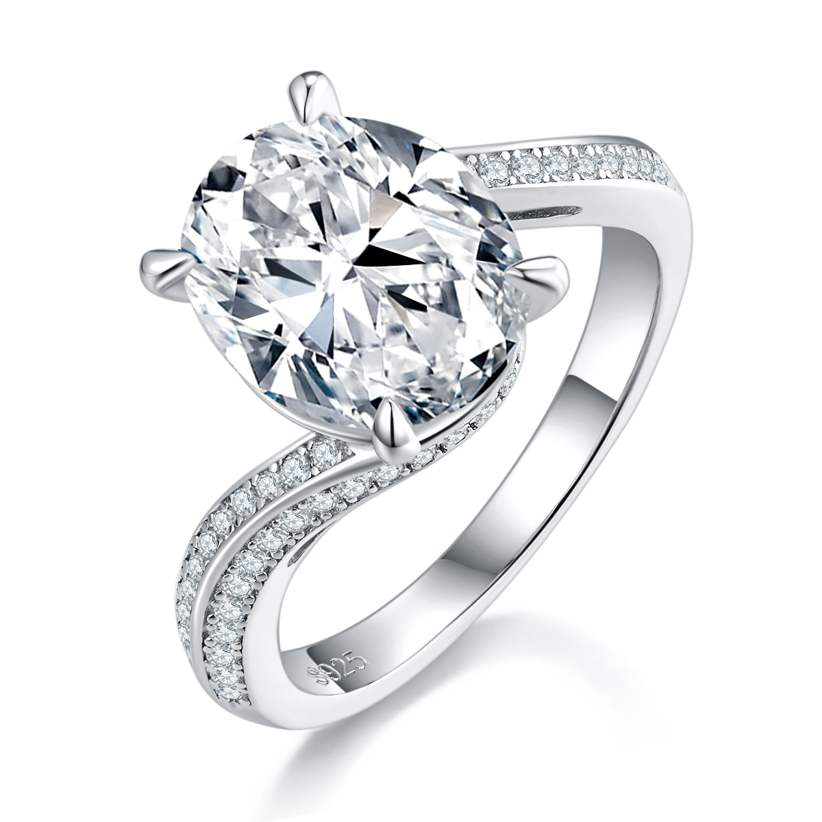 扭臂蛋形女戒S925银镀白金定制选款主石莫桑钻5.0ct/副石高碳钻