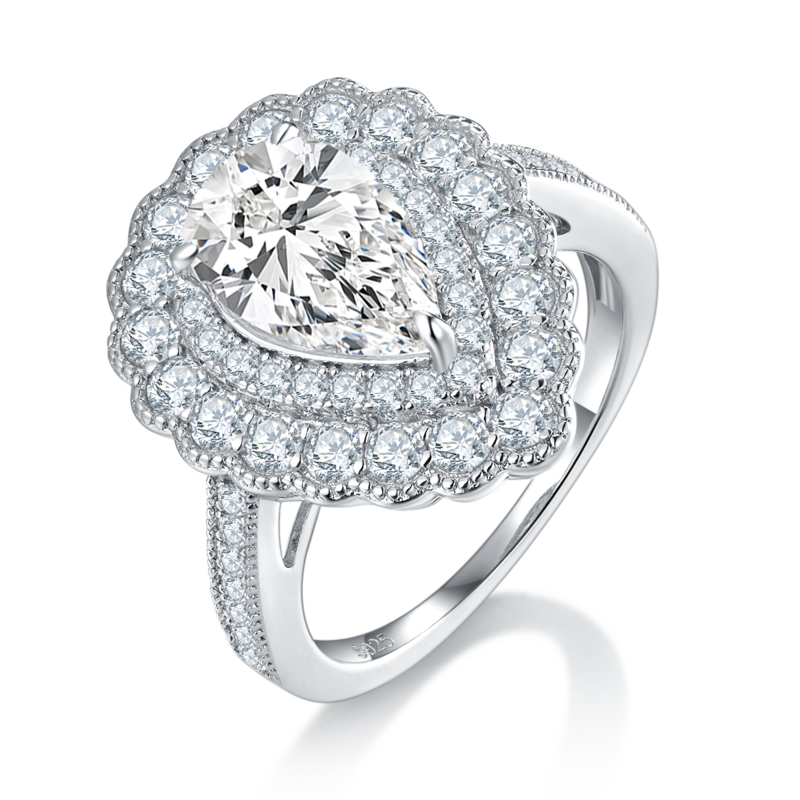 Luxury Pear shaped Double layered Round Bag Women's Ring S925 Silver Plated Platinum Customized Selection Main Stone Moissanite Diamond 3.0ct/Secondary Stone High Carbon Diamond