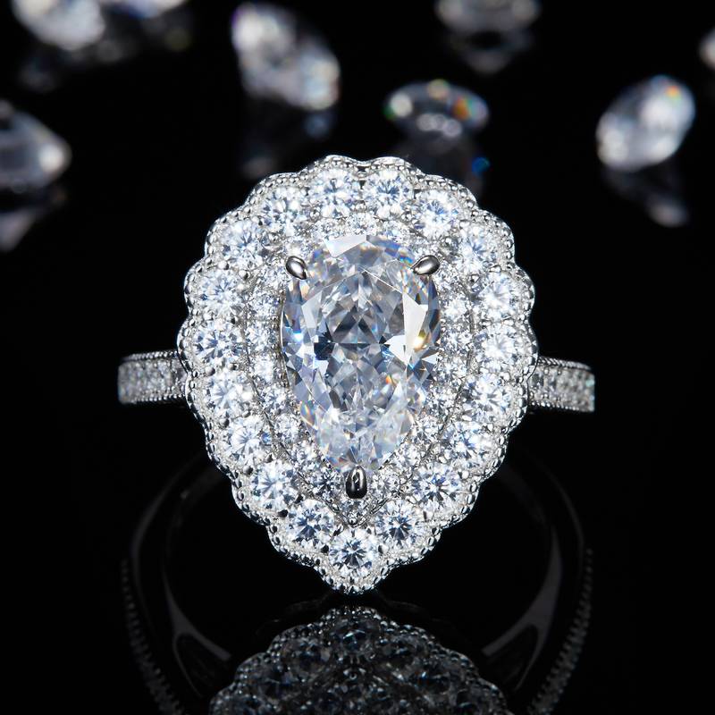 Luxury Pear shaped Double layered Round Bag Women's Ring S925 Silver Plated Platinum Customized Selection Main Stone Moissanite Diamond 3.0ct/Secondary Stone High Carbon Diamond
