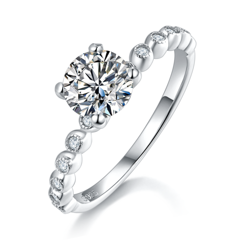 四爪圆形女戒S925银镀白金定制选款主石莫桑钻1.0ct/副石高碳钻