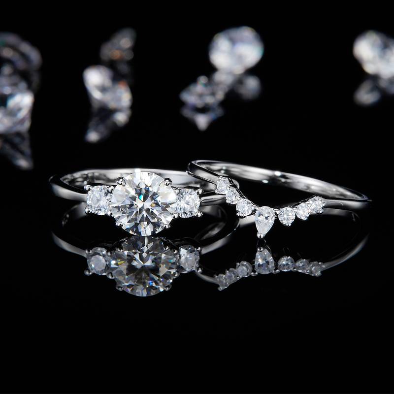 S925银镀白金主副套戒叠戴女戒定制选款主石莫桑钻1.0ct/副石高碳钻