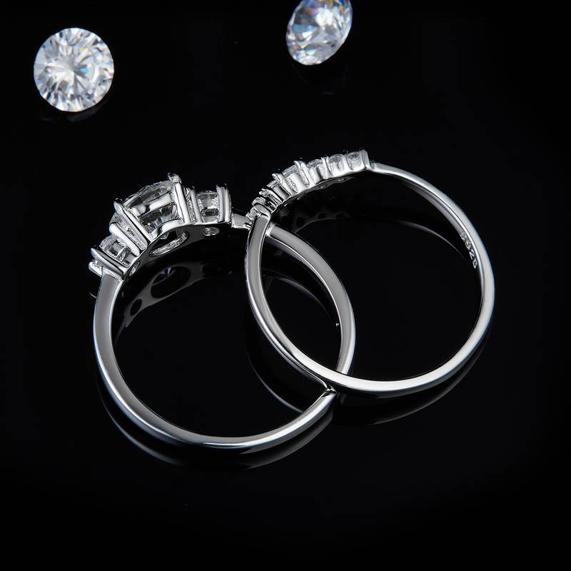 S925银镀白金主副套戒叠戴女戒定制选款主石莫桑钻1.0ct/副石高碳钻