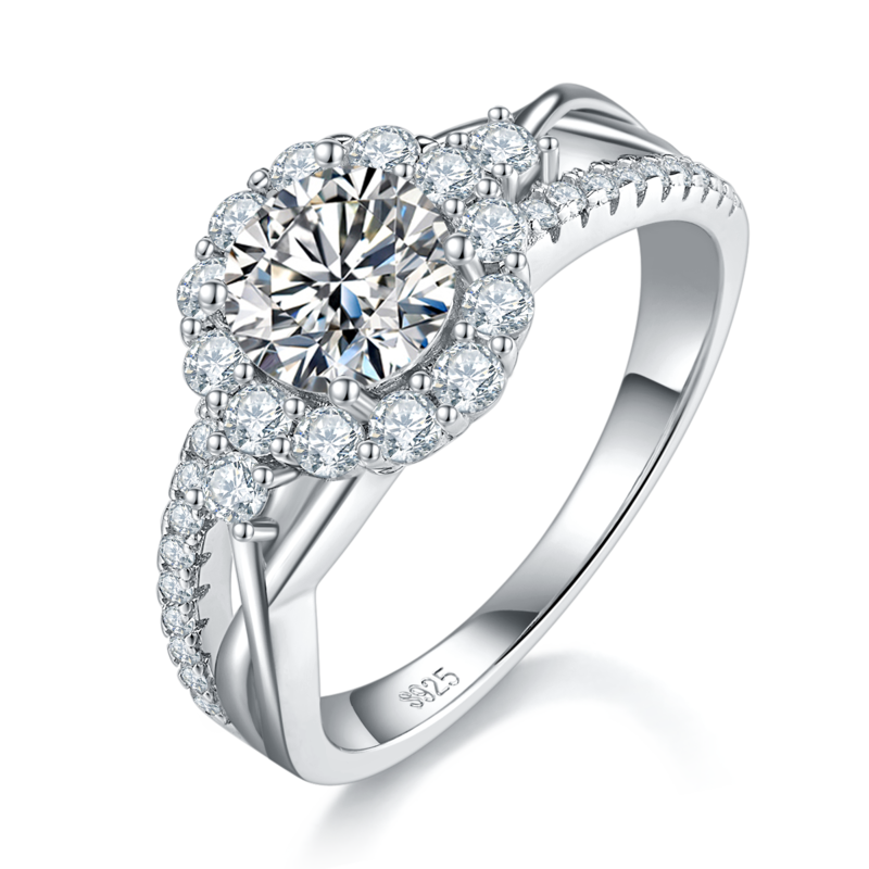 轻奢满钻S925银镀白金女戒定制选款主石莫桑钻1.0ct/副石高碳钻