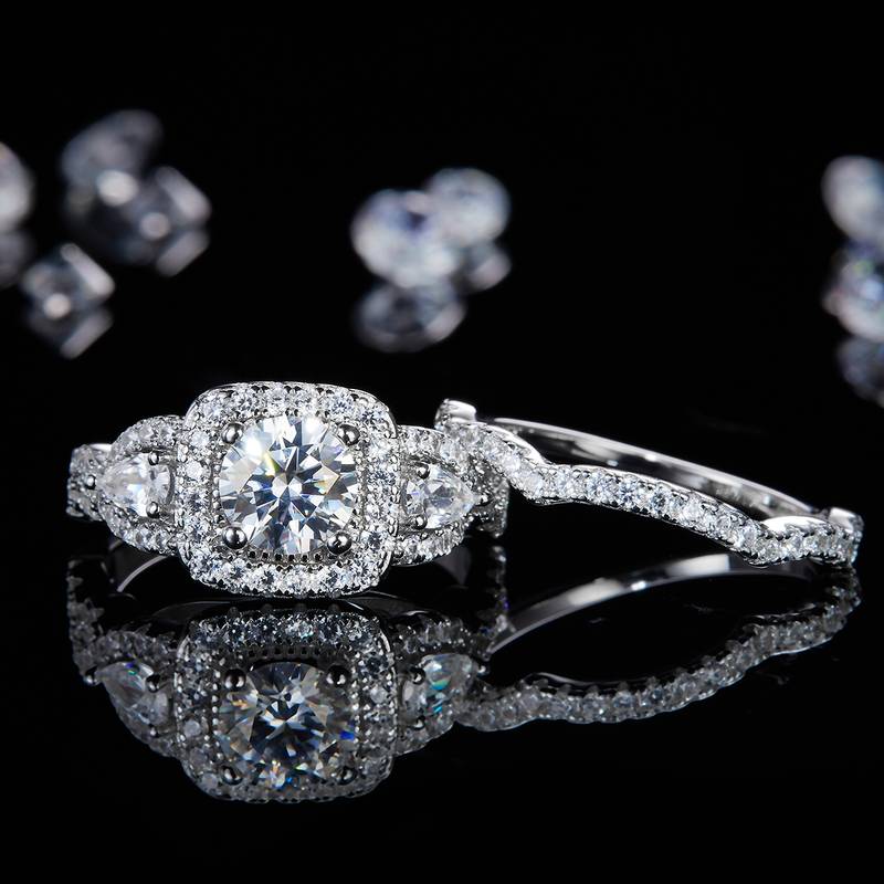 S925 Silver Plated Platinum Primary and Secondary Set Ring Stacked Women's Ring Customized Selection Main Stone Moissanite Diamond 0.8ct/Secondary Stone High Carbon Diamond