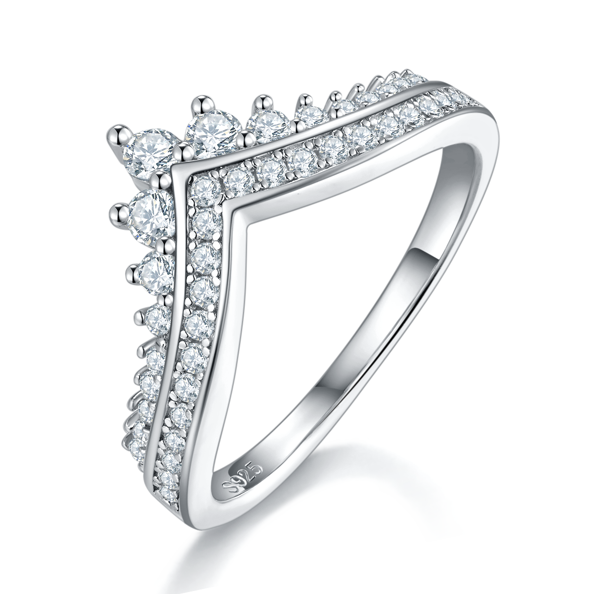 V形排戒S925银镀白金女戒定制选款主石莫桑钻0.63ct/副石高碳钻