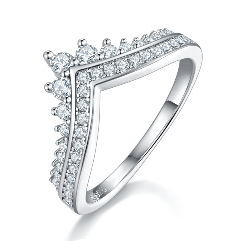 V形排戒S925银镀白金女戒定制选款主石莫桑钻0.63ct/副石高碳钻