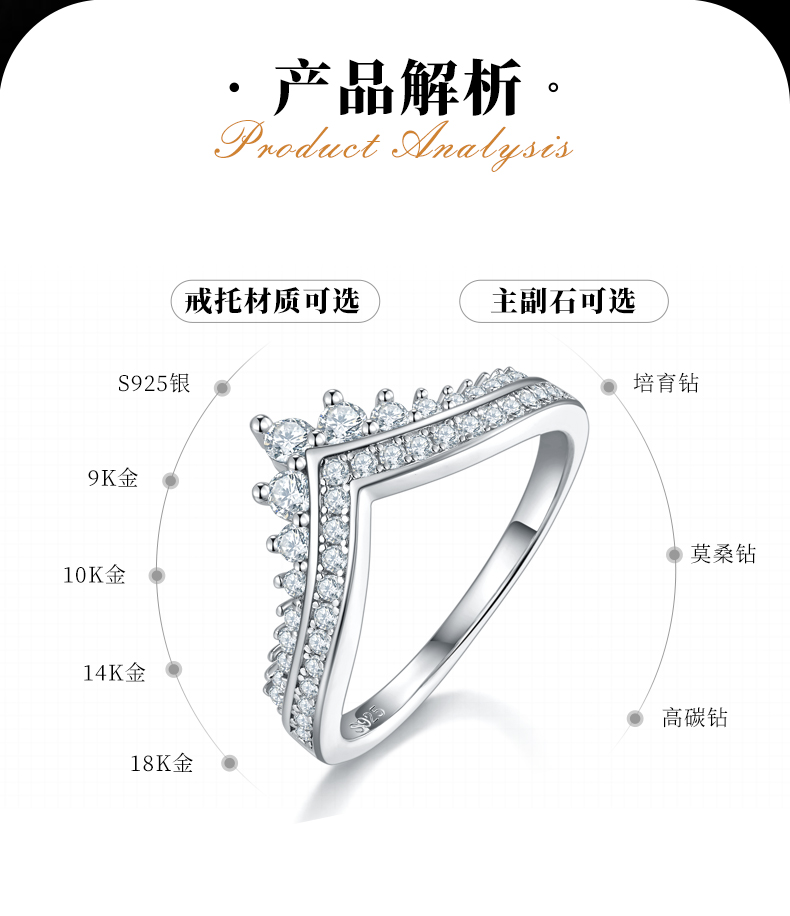 V形排戒S925银镀白金女戒定制选款主石莫桑钻0.63ct/副石高碳钻 - 2