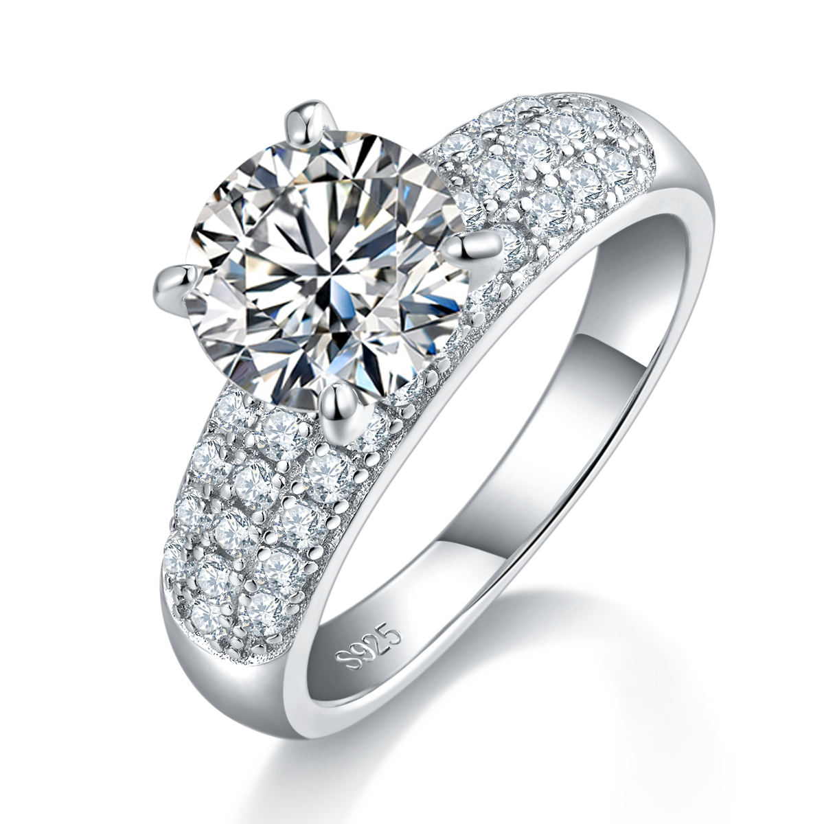 四爪女戒S925银镀白金定制选款主石莫桑钻2.0ct/副石高碳钻