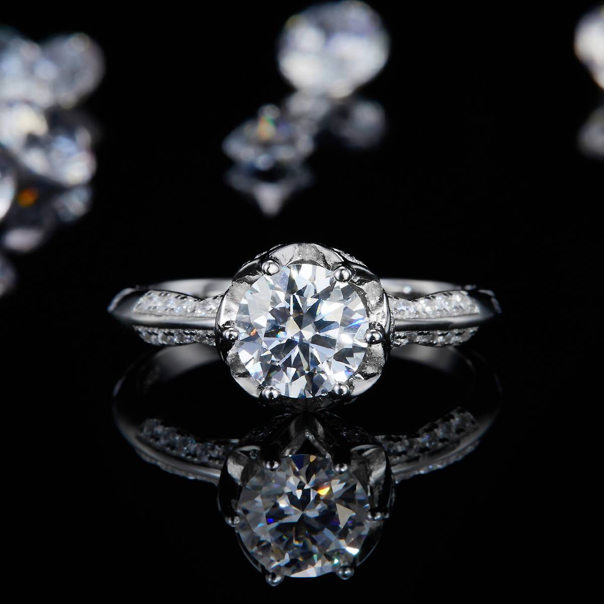 Single Head Women's Ring S925 Silver Plated Platinum Customized Selection Main Stone Moissanite Diamond 1.0ct/Secondary Stone High Carbon Diamond