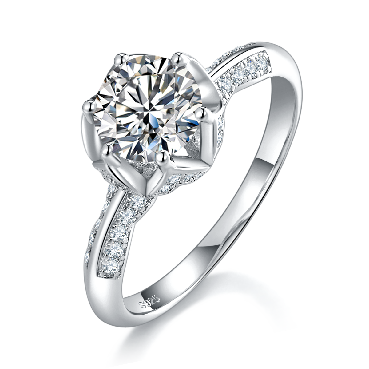 Single Head Women's Ring S925 Silver Plated Platinum Customized Selection Main Stone Moissanite Diamond 1.0ct/Secondary Stone High Carbon Diamond