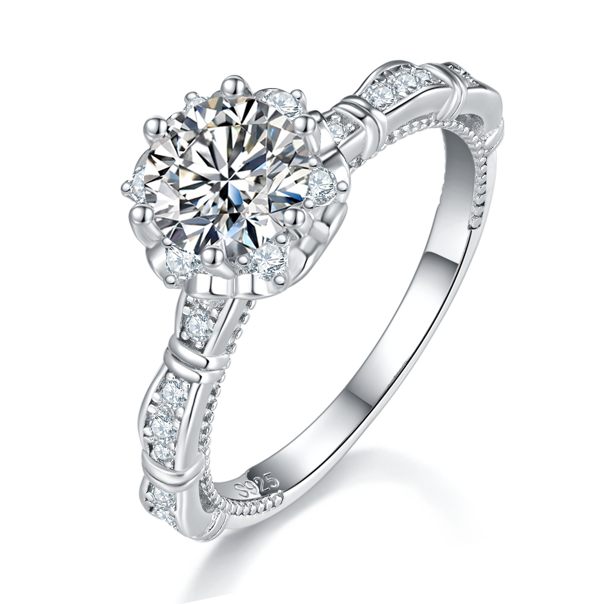 Single Head Women's Ring S925 Silver Plated Platinum Customized Selection Main Stone Moissanite Diamond 1.0ct/Secondary Stone High Carbon Diamond