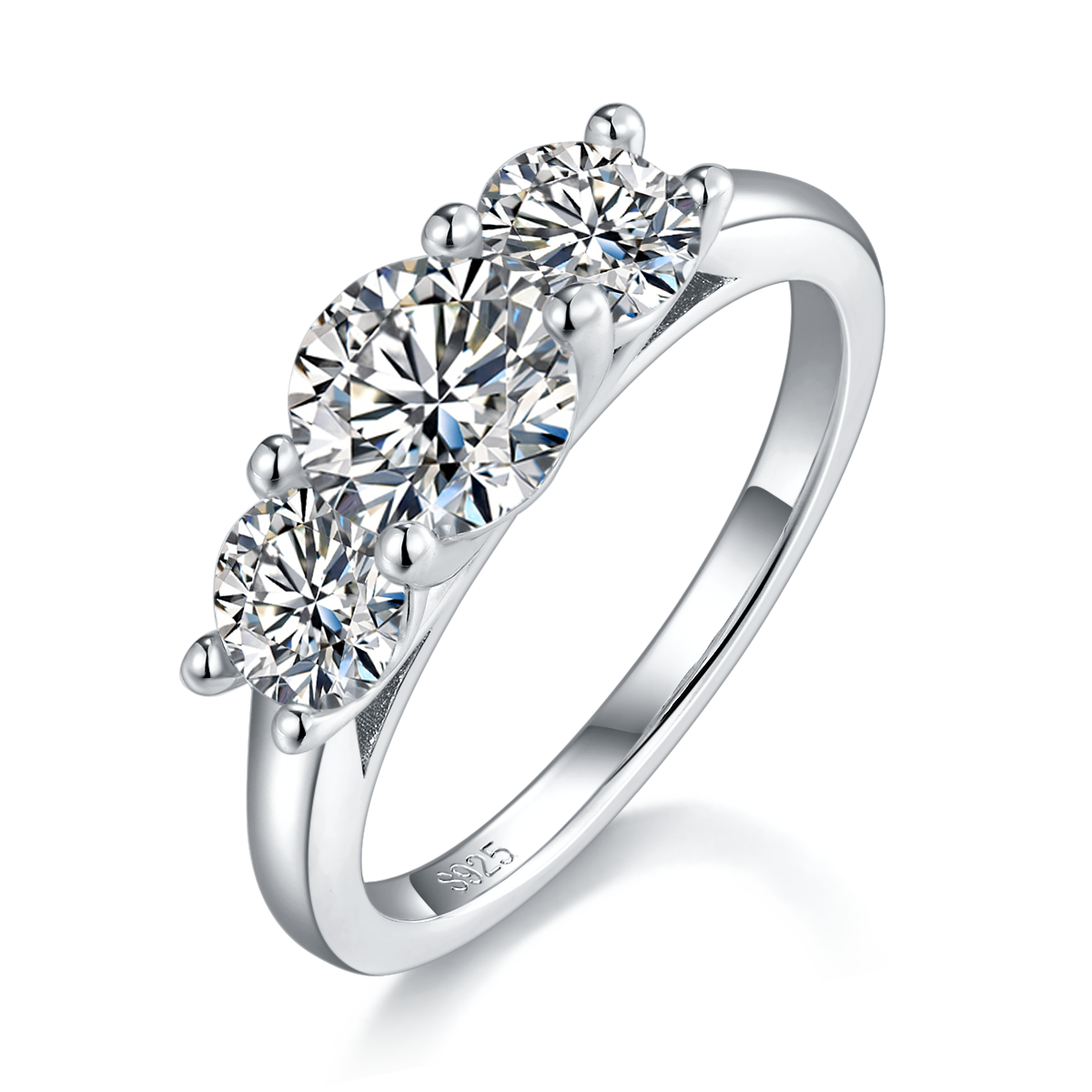Three Stone Four Claw Round Women's Ring S925 Silver Plated Platinum Customized Selection Main and Deputy Stone Moissanite Diamonds 0.8ct