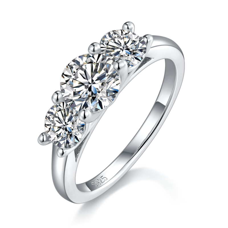 三石四爪圆形女戒S925银镀白金定制选款主副石莫桑钻0.8ct