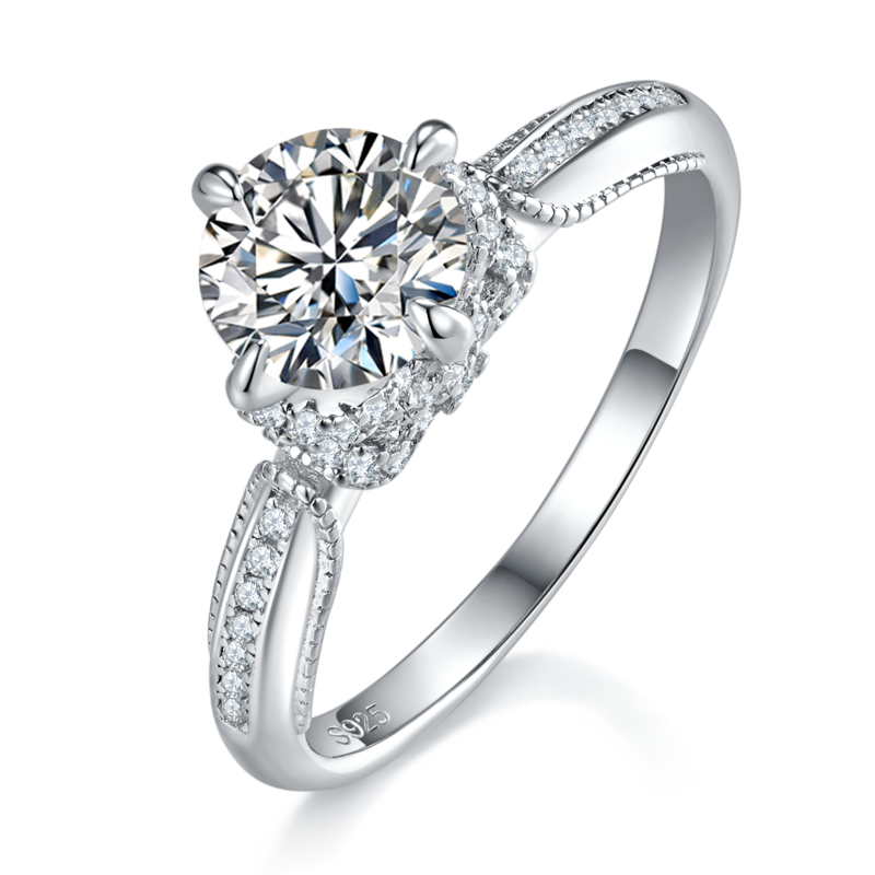 单头Women's RingS925银镀白金定制选款主石Moissanite1.0ct/副石高碳钻