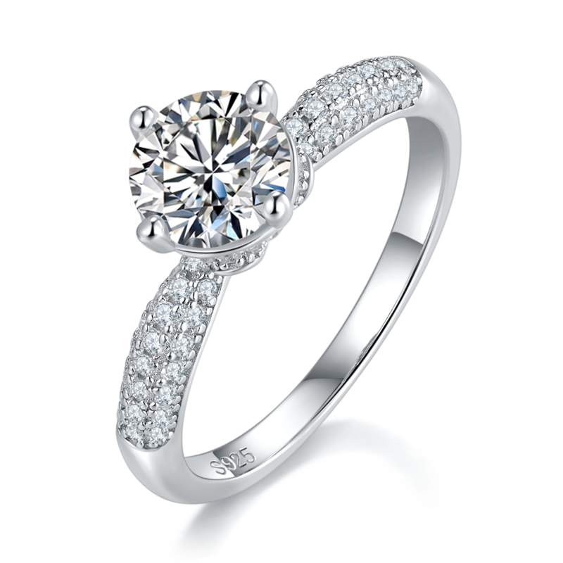 单头Women's RingS925银镀白金定制选款主石Moissanite1.0ct/副石高碳钻