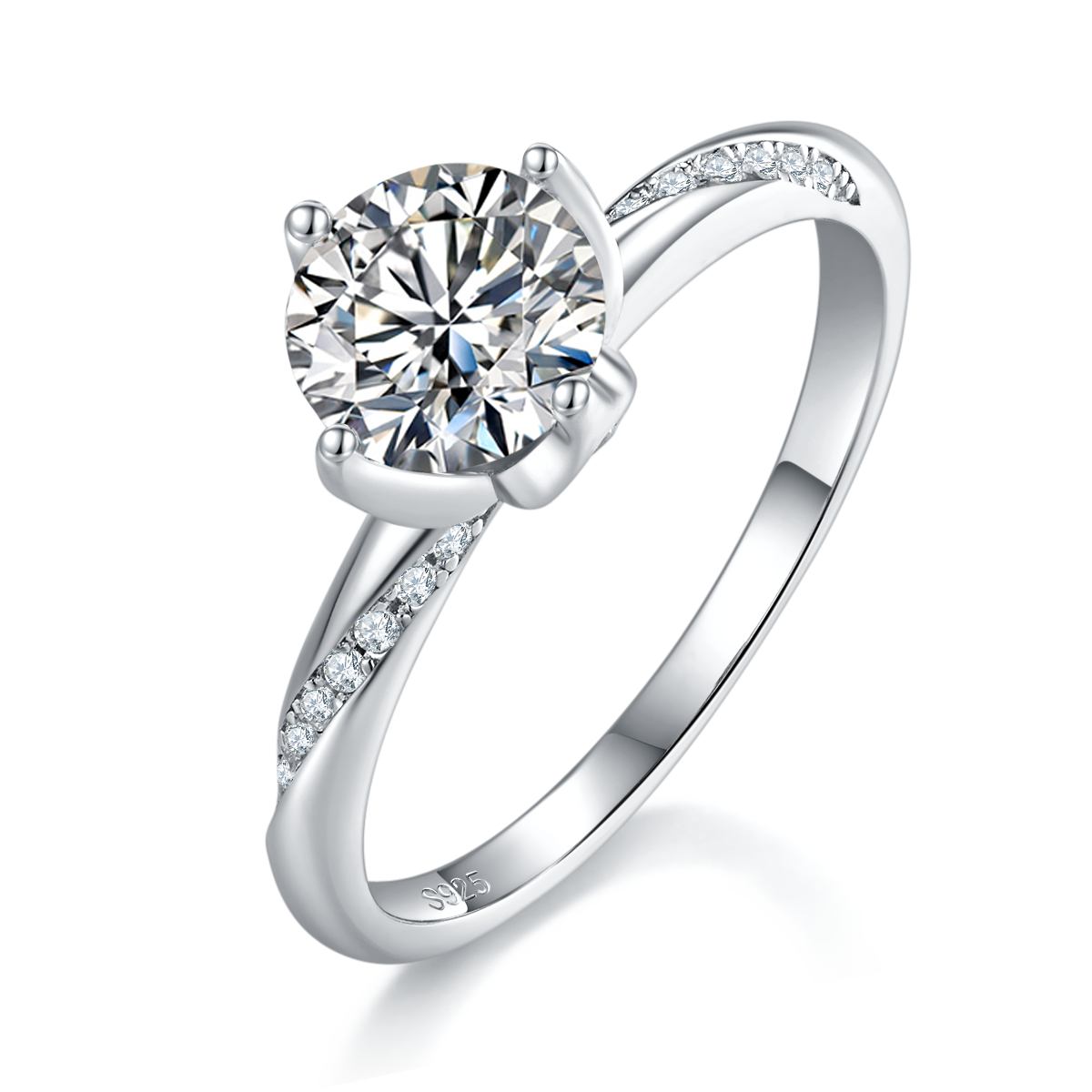 单头女戒S925银镀白金定制选款主石莫桑钻1.0ct/副石高碳钻