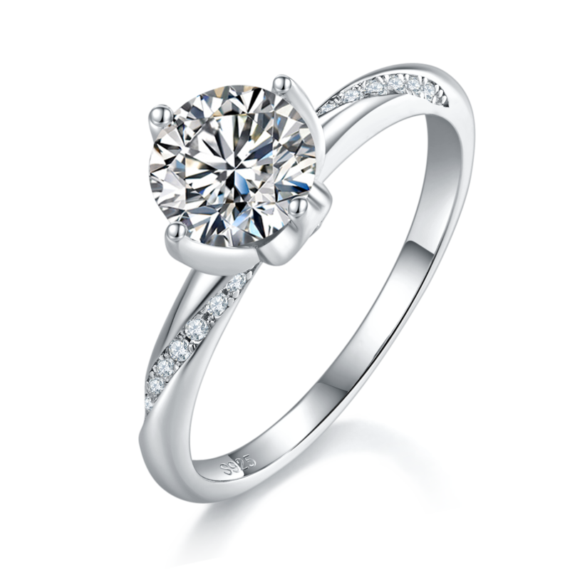 单头女戒S925银镀白金定制选款主石莫桑钻1.0ct/副石高碳钻
