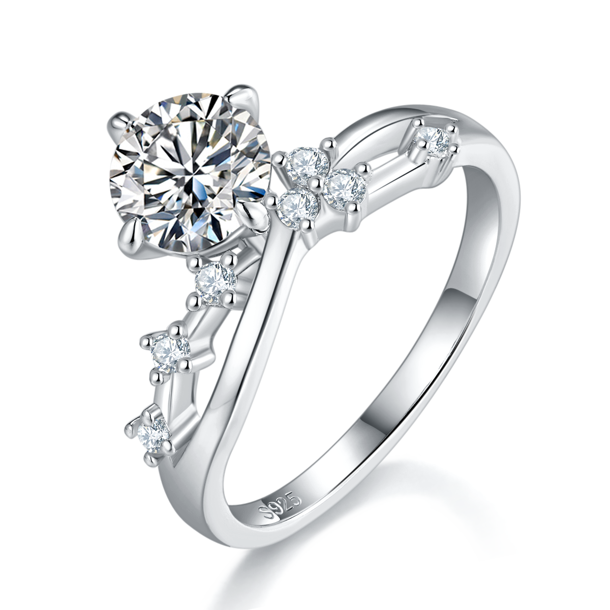 单头女戒S925银镀白金定制选款主石莫桑钻1.0ct/副石高碳钻
