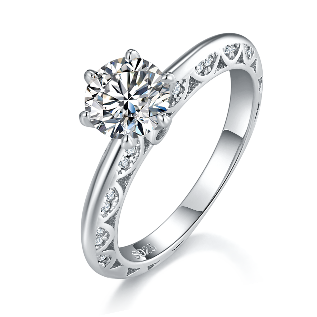 六爪女戒S925银镀白金定制选款主石莫桑钻1.0ct/副石高碳钻