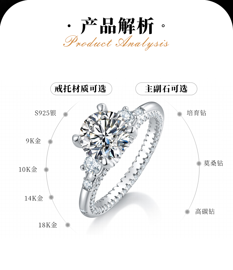单头女戒S925银镀白金定制选款主石莫桑钻2.0ct/副石高碳钻 - 2