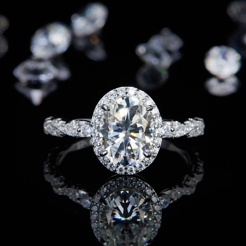 蛋形圆包女戒S925银镀白金定制选款主石莫桑钻2.0ct/副石高碳钻