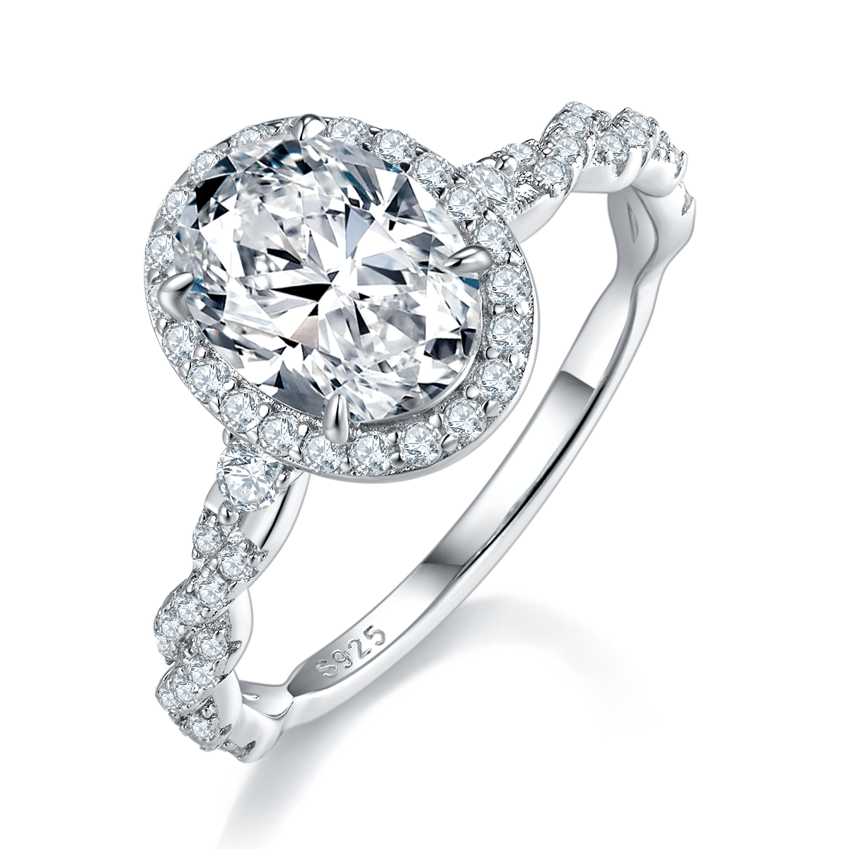 蛋形圆包女戒S925银镀白金定制选款主石莫桑钻2.0ct/副石高碳钻